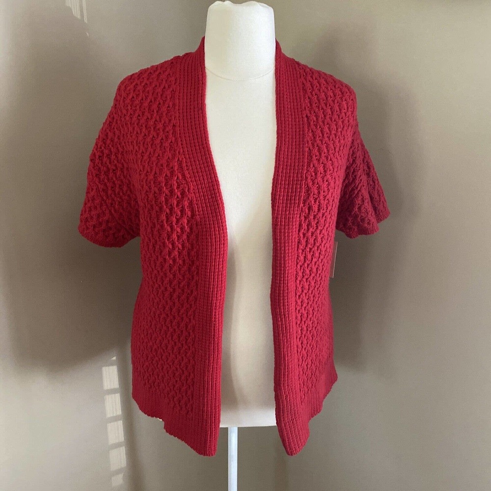 Coldwater Creek Red Short Sleeve Open Front Cable Knit Cardigan Sweater 1X